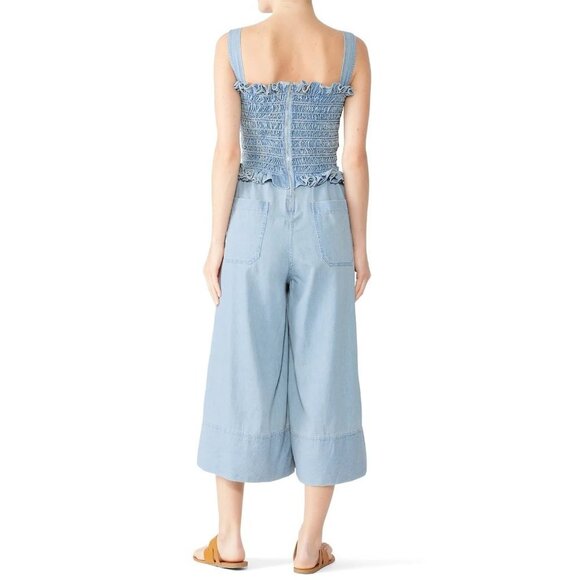Sea New York Dakota Blue Cotton Smocked Wide Leg Crop Jumpsuit Women's Size 6 - Picture 2 of 14